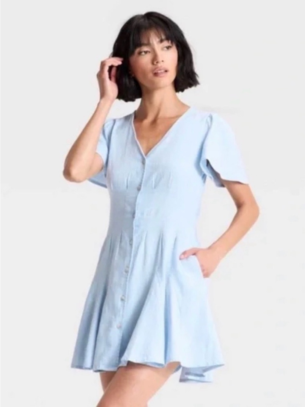 Universal Thread Light Blue Button-Front Ruffle Sleeve Dress - Picture 2 of 9